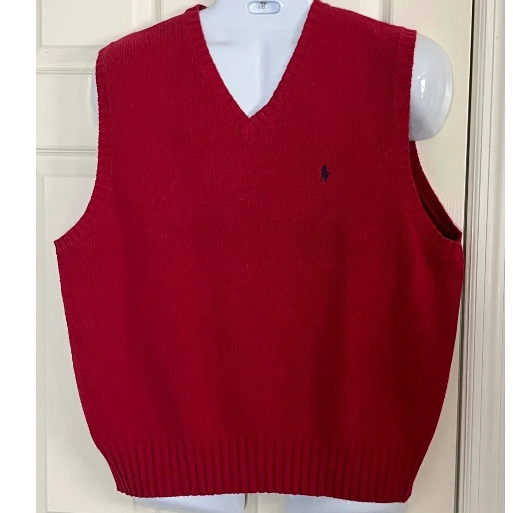 Polo Ralph Lauren Mens XL Red V-Neck 100% Cotton Knit Sweater Vest Navy Pony